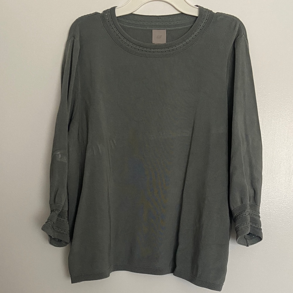 H&M Dusty Gray Teal Long Sleeve Knit Top with Decorative Trim